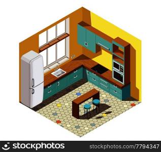 Kitchen interior with turquoise brown furniture, domestic appliances, yellow walls and tiled floor isometric composition vector illustration. Kitchen Interior Isometric Composition