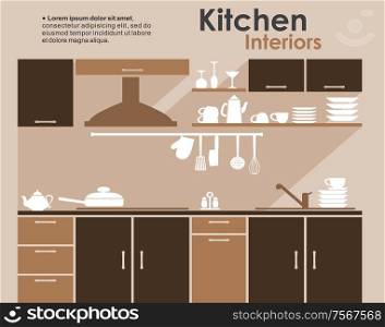Kitchen interiors flat design in shades of brown with built in cabinets and appliances with kitchenware and crockery on shelves