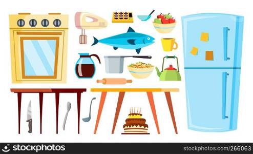 Kitchen Items Vector. Refrigerator, Table, Food, Tableware Objects Isolated Flat Cartoon Illustration. Kitchen Items Vector. Refrigerator, Table, Food, Tableware, Objects. Isolated Cartoon Illustration