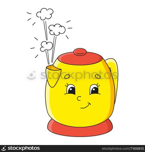 Kitchen kettle. Cute character. Colorful vector illustration. Cartoon style. Isolated on white background. Design element. Template for your design, books, stickers, cards, posters, clothes.
