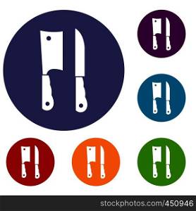 Kitchen knife and meat knife icons set in flat circle reb, blue and green color for web. Kitchen knife and meat knife icons set