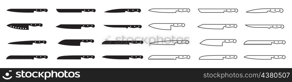 Kitchen knife icons. Knives for butcher. Set of sharp knives for barbecue, cheese, meat, bread, fish, vegetable and steak. Cutlery for dining, chef and restaurant. Blade with handle. Vector.