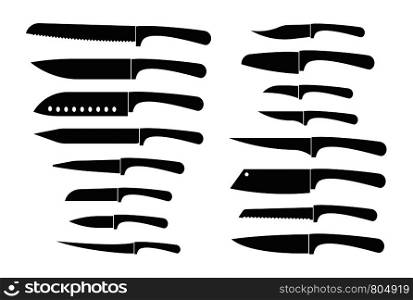 Kitchen knife set. Chef and butcher knives silhouette vector isolated icons. Illustration of steel cut tool, sharp utensil. Kitchen knife set. Chef and butcher knives silhouette vector isolated icons