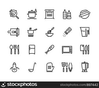 Kitchen line icons. Food cooking processes and kitchen utensils, outline pan pot and plate. Vector illustration pictogram boiling frying and stewing set for image electronics household. Kitchen line icons. Food cooking processes and kitchen utensils, outline pan pot and plate. Vector boiling frying and stewing set
