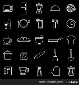 Kitchen line icons on black background, stock vector