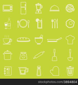 Kitchen line icons on green background, stock vector
