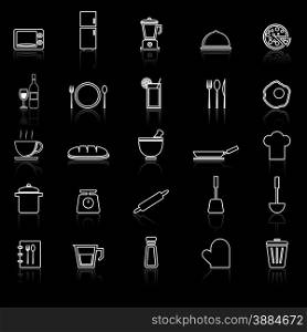 Kitchen line icons with reflect on black, stock vector