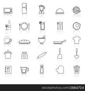 Kitchen line icons with reflect on white, stock vector