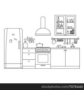 Kitchen line interior. Kitchen line interior with furniture and equipment. Vector thin illustration.
