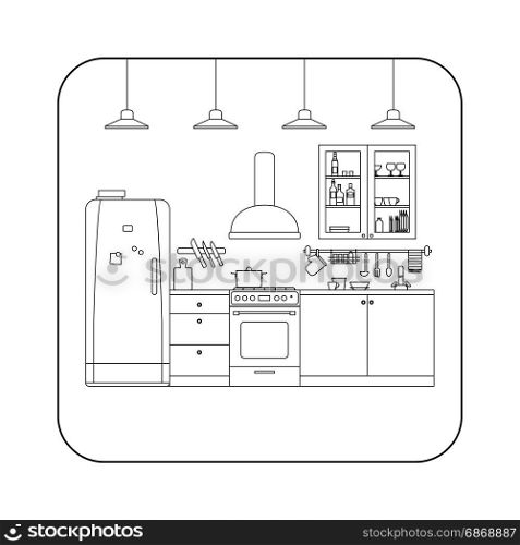 Kitchen line interior. Kitchen line interior with furniture and equipment. Vector thin illustration of kitchen.