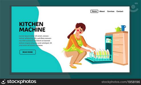 Kitchen Machine Woman Using For Wash Dishes Vector. In Dishwasher Kitchen Machine Housewife Loading Dirty Plates For Cleaning. Character Lady Housework Web Flat Cartoon Illustration. Kitchen Machine Woman Using For Wash Dishes Vector
