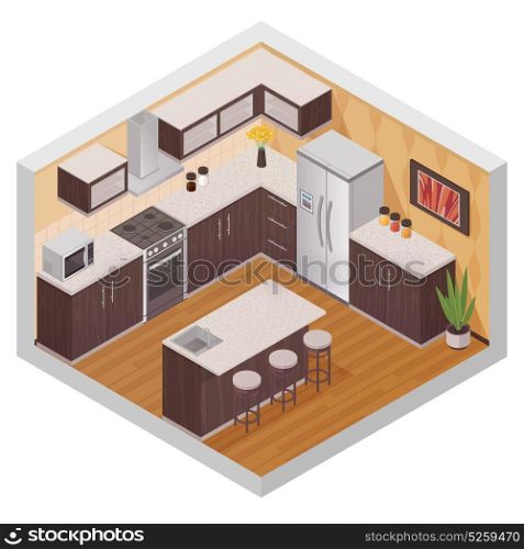 Kitchen Modern Interior Isometric Composition. Kitchen modern interior design composition in isometric style with household equipment appliances and utensil flat vector illustration