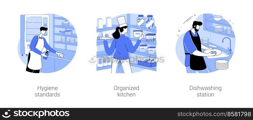 Kitchen organization isolated cartoon vector illustrations set. Hygiene standards in horeca, sous chef signs boxes with meal ingredients, dishwashing station, professional staff vector cartoon.. Kitchen organization isolated cartoon vector illustrations se