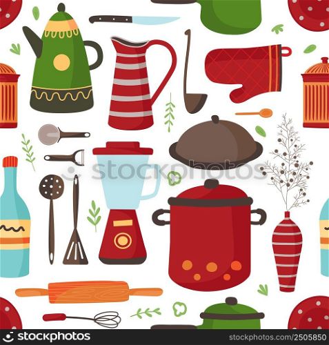 Kitchen pattern. Cooking background, modern cup and dish. Ceramic utensils, stylish crockery. Teapot, vase with floral branch, tools vector seamless texture. Illustration of cooking kitchen pattern. Kitchen pattern. Cooking background, modern cup and dish. Ceramic utensils, stylish crockery. Teapot, vase with floral branch, tools classy vector seamless texture