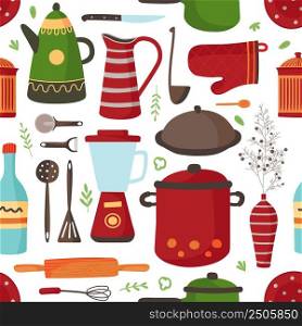 Kitchen pattern. Cooking background, modern cup and dish. Ceramic utensils, stylish crockery. Teapot, vase with floral branch, tools vector seamless texture. Illustration of cooking kitchen pattern. Kitchen pattern. Cooking background, modern cup and dish. Ceramic utensils, stylish crockery. Teapot, vase with floral branch, tools classy vector seamless texture