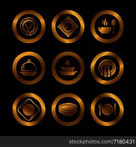 Kitchen plates and cutlery golden silhouette icons isolated on black. Restaurant vector symbols isolated illustration. Kitchen plates and cutlery golden silhouette icons. Restaurant vector symbols isolated