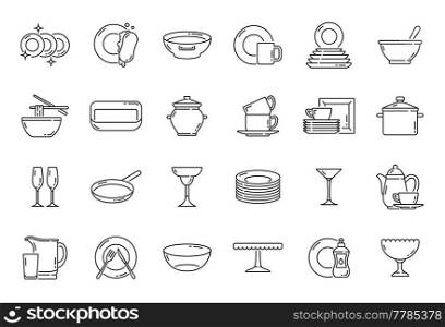 Kitchen plates, dishes and utensil outline icons, vector dishware, tableware, kitchenware thin line symbols. Kitchen glassware items, saucepan and frying pan, teapot with cups and noodle bowl icon. Kitchen plates, dishes and utensil outline icons