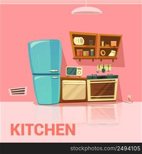 Kitchen retro design with fridge microwave oven and cooker cartoon vector illustration . Kitchen Retro Design