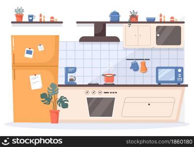 Kitchen Room Background Vector Illustration with Furniture, Equipment and Interiors Modern Style in Flat Design