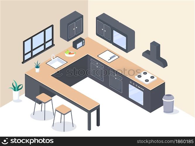 Kitchen Room Background Vector Illustration with Furniture, Equipment and Interiors Modern Style in Flat Design