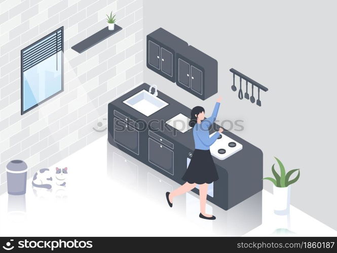 Kitchen Room Background Vector Illustration with Furniture, Equipment and Interiors Modern Style in Flat Design. Someone is Cooking Food