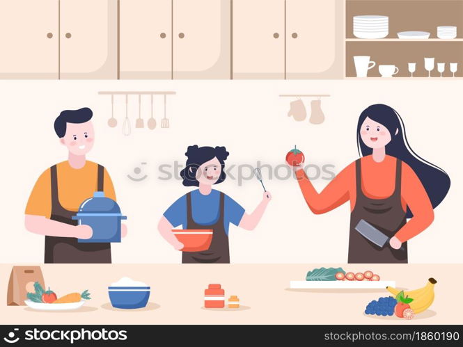 Kitchen Room Background Vector Illustration with Furniture, Equipment and Interiors Modern Style in Flat Design. Someone is Cooking Food