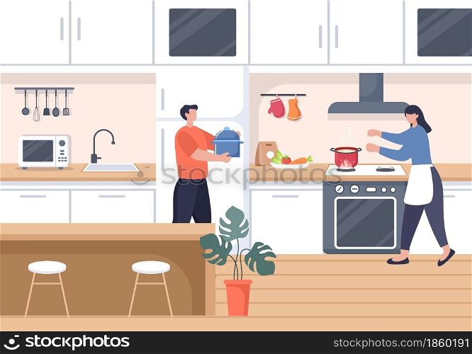 Kitchen Room Background Vector Illustration with Furniture, Equipment and Interiors Modern Style in Flat Design. Someone is Cooking Food