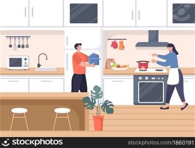 Kitchen Room Background Vector Illustration with Furniture, Equipment and Interiors Modern Style in Flat Design. Someone is Cooking Food
