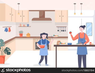 Kitchen Room Background Vector Illustration with Furniture, Equipment and Interiors Modern Style in Flat Design. Someone is Cooking Food