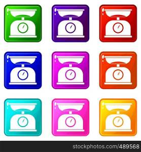 Kitchen scales icons of 9 color set isolated vector illustration. Kitchen scales set 9