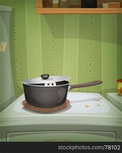 Kitchen Scene, Mouse Inside Stove. Illustration of a funny poster with cartoon home kitchen scene and mouse, animal, pet or creature's eyes inside casserole pan looking for food