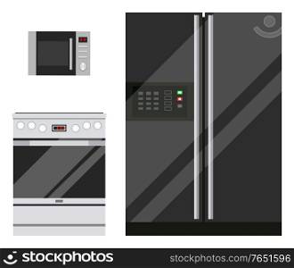 Kitchen set of technical devices. Microwave, fridge and stove isolated on white background. Kitchenware for cooking at home. Big sale on appliances in stores. Vector illustration in flat style. Kitchen Appliances, Microwave, Fridge and Stove