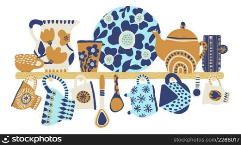 Kitchen shelf with tableware in cute decorative style isolated on white background. Kitchen shelf with tableware in cute decorative style