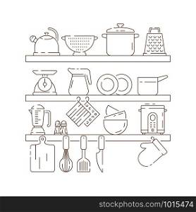 Kitchen shelves. Cooking items pots spoon fork knife pans vector thin linear composition. Illustration of cooking pot and equipment kitchenware. Kitchen shelves. Cooking items pots spoon fork knife pans vector thin linear composition