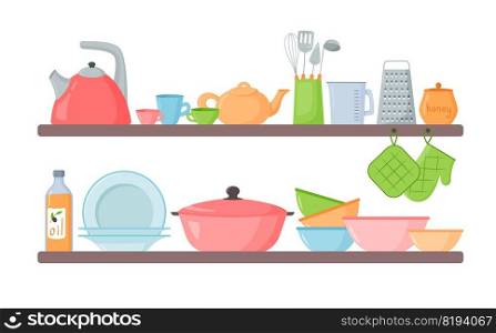 Kitchen shelves. kitchenware dishes cups and cooking devises on wooden shelves. Vector illustration objects tools utensils kitchen. Kitchen shelves. kitchenware dishes cups and cooking devises on wooden shelves. Vector illustration