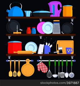 Kitchen shelves with cookware and cooking equipment flat vector concept. Cooking kitchenware illustration. Kitchen shelves with cookware and cooking equipment flat vector concept