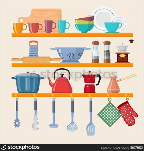 Kitchen shelves with tableware. Kitchen shelves with cooking tools and hanging pots. home interior. Vector illustration in flat style.. Kitchen shelves with tableware