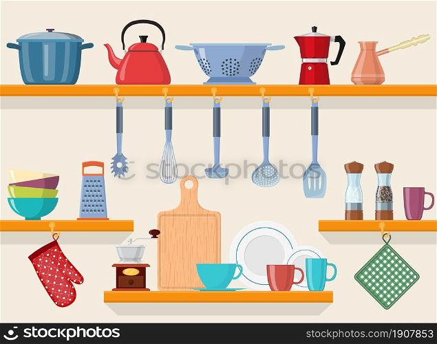 Kitchen shelves with tableware. Kitchen shelves with cooking tools and hanging pots. home interior. seamless pattern Vector illustration in flat style.. Kitchen shelves with tableware