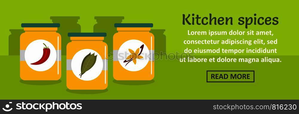 Kitchen spices banner horizontal concept. Flat illustration of kitchen spices banner horizontal vector concept for web design. Kitchen spices banner horizontal concept