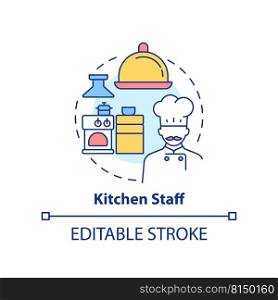 Kitchen staff concept icon. Restaurant personnel duty abstract idea thin line illustration. Skilled chefs and cooks. Isolated outline drawing. Editable stroke. Arial, Myriad Pro-Bold fonts used. Kitchen staff concept icon