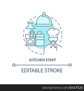 Kitchen staff turquoise concept icon. Restaurant personnel duty abstract idea thin line illustration. Skilled chefs. Isolated outline drawing. Editable stroke. Arial, Myriad Pro-Bold fonts used. Kitchen staff turquoise concept icon