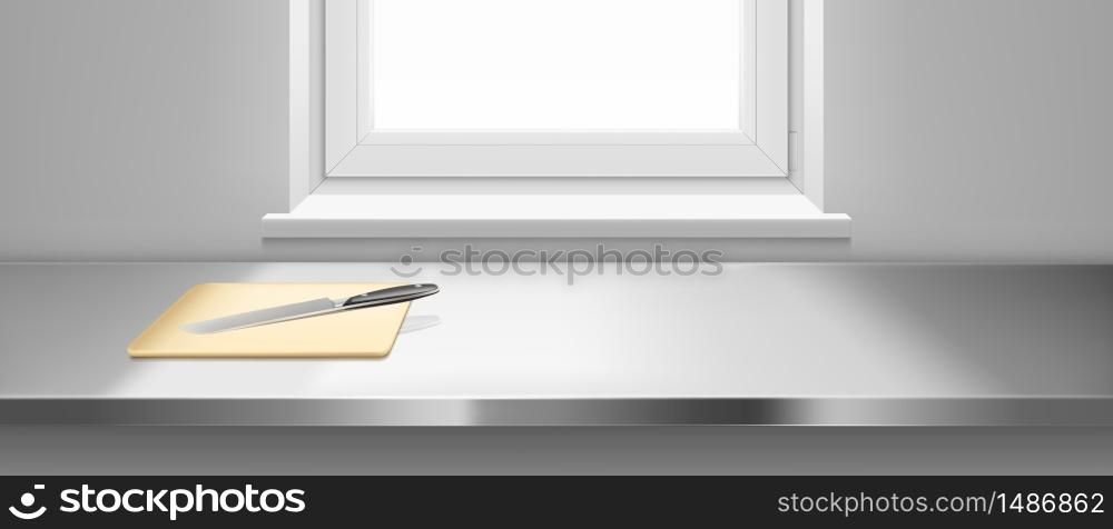 Kitchen steel table with wooden cutting board and knife. Vector realistic illustration of clean metal table surface near window. Kitchenware for cooking, plank for cut food. Kitchen steel table with cutting board and knife