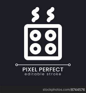 Kitchen stove pixel perfect white linear ui icon for dark theme. Home appliance. Prepare food. Vector line pictogram. Isolated user interface symbol for night mode. Editable stroke. Poppins font used. Kitchen stove pixel perfect white linear ui icon for dark theme