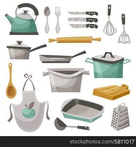 Kitchen Stuff Icons Set. Kitchen stuff icons set with apron frying pan and teapot flat isolated vector illustration