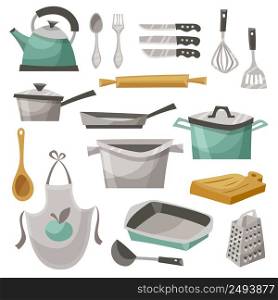 Kitchen stuff icons set with apron frying pan and teapot flat isolated vector illustration . Kitchen Stuff Icons Set