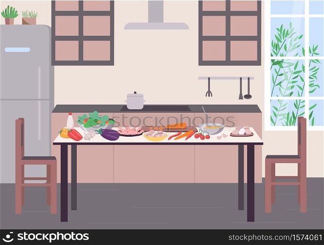Kitchen table for cooking flat color vector illustration. Food ingredients for dinner preparation. Sliced vegetables on desk. Home culinary. House 2D cartoon furniture with cabinets on background. Kitchen table for cooking flat color vector illustration