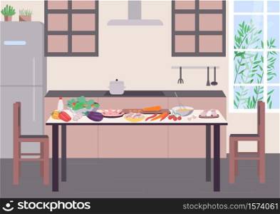 Kitchen table for cooking flat color vector illustration. Food ingredients for dinner preparation. Sliced vegetables on desk. Home culinary. House 2D cartoon furniture with cabinets on background. Kitchen table for cooking flat color vector illustration