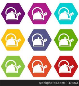 Kitchen teapot icons 9 set coloful isolated on white for web. Kitchen teapot icons set 9 vector