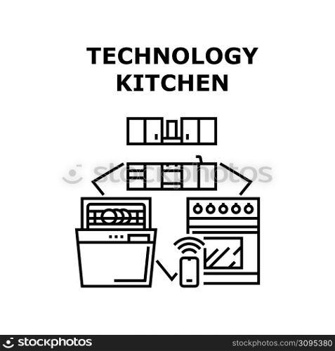 Kitchen Technology Vector Icon Concept. Kitchen Technology For Monitoring And Using Electronic Device And Utensil, Cooking And Washing Plates And Remote Control Of Technic Black Illustration. Kitchen Technology Vector Concept Illustration