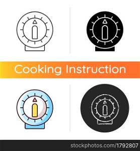 Kitchen timer icon. Alarm clock with countdown on dial. Household gadget. Cooking instruction. Food preparation process. Linear black and RGB color styles. Isolated vector illustrations. Kitchen timer icon